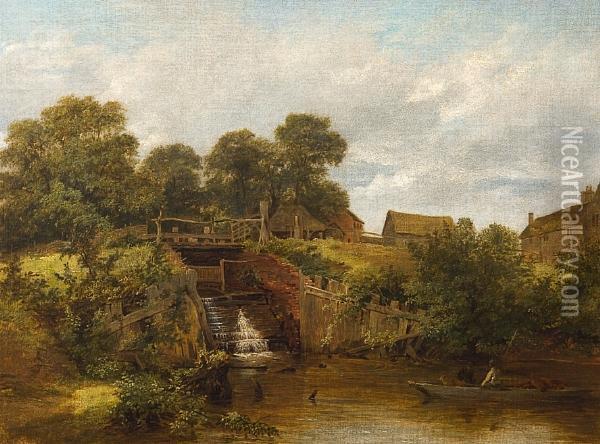 The Sluice At Trumps Mill, Virginiawater Oil Painting - James Stark