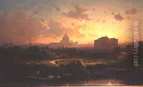 A view of Rome at sunset with St. Peters and the Castel S. Angelo Oil Painting - Antoine Ponthus-Cinier