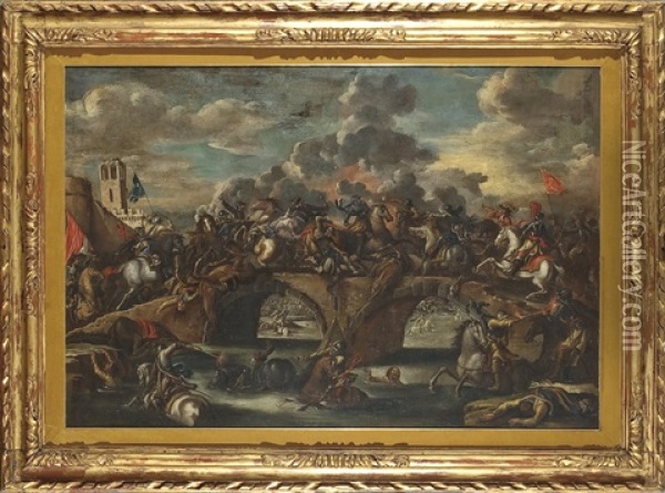Scontro Su Un Ponte Tra Due Opposte Cavallerie Con Trombettieri E Porta Bandiere Oil Painting - Francesco Monti