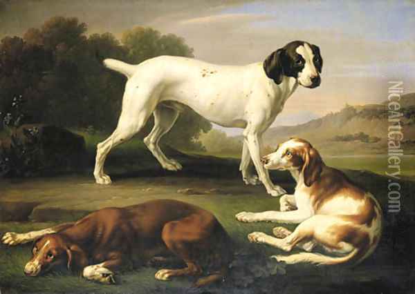 A pointer and two setters in an extensive landscape Oil Painting - Wenceslaus Peter