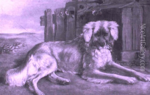 A Favourite Dog Outside A Kennel Oil Painting - Sir Edwin Henry Landseer