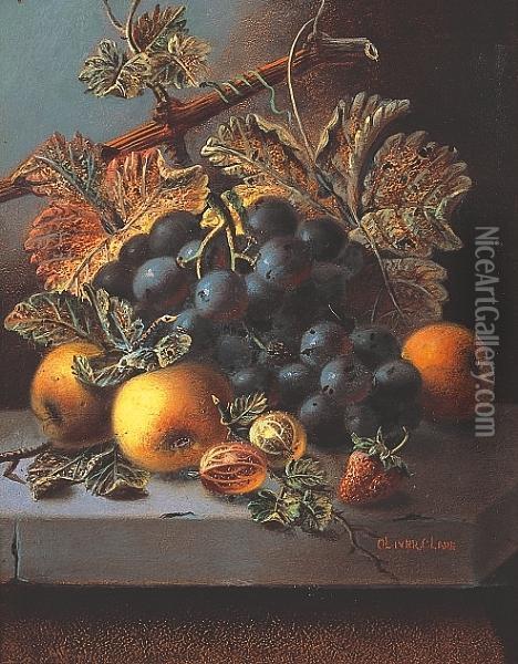 Green Grapes, Plums, Raspberries And A Peach On A Stone Ledge Oil Painting - Oliver Clare