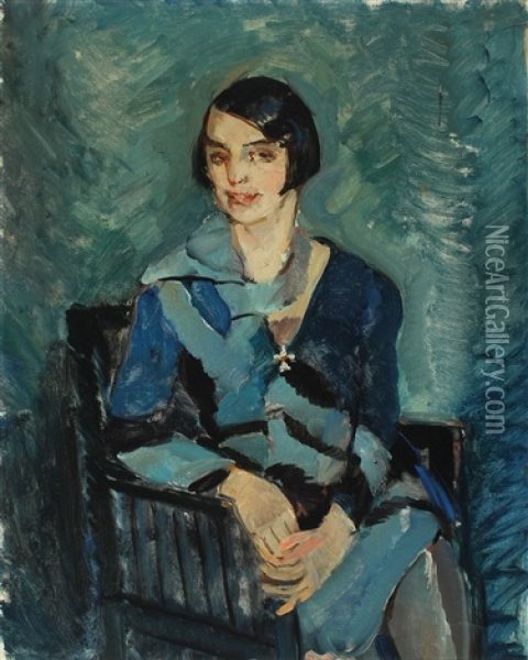Woman In A Blue Dress Sitting In A Chair Oil Painting - Niels Hansen
