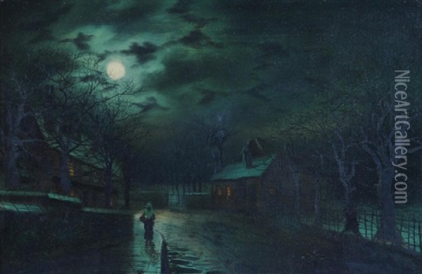 Moonlit Street Scene With Figure Oil Painting - Walter Linsley Meegan