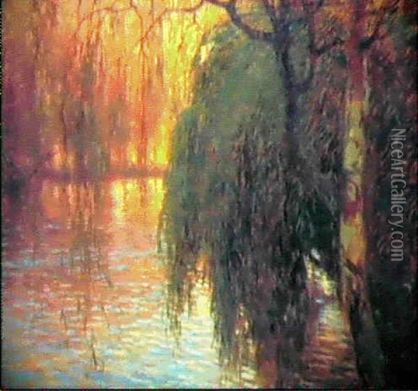 Salici Sul Lago, (1913-'14) Oil Painting - Duilio Corompai