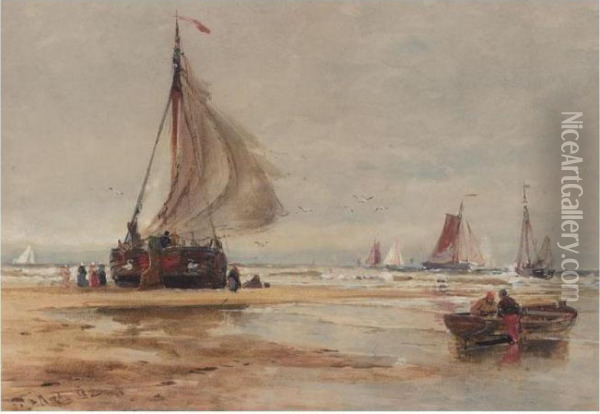 Fishing Vessels On The Shore Oil Painting - Thomas Bush Hardy
