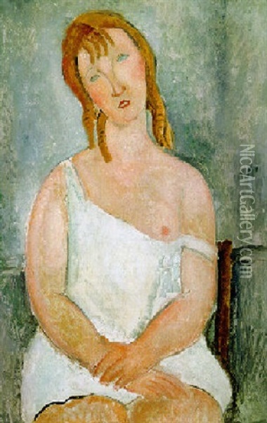 Jeune Fille Asisse En Chemise Oil Painting - Amedeo Modigliani