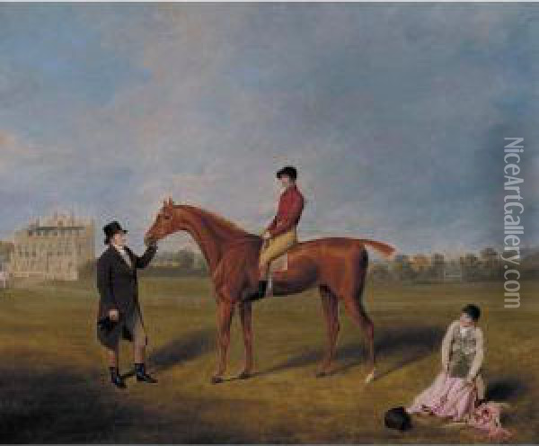 The Marquis Of Queensberry's 
King David With Jockey Up And Held By A Trainer At Newcastle Oil Painting - William Henry Davis