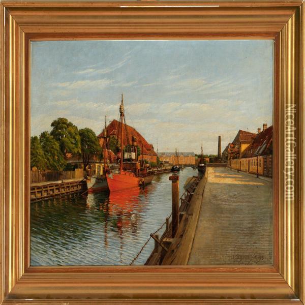 Canal Scene From Copenhagen Oil Painting - Hans Hansen