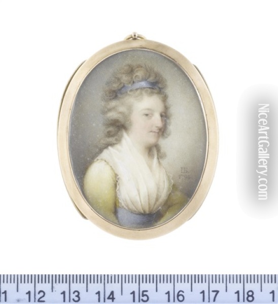 Mrs Anne Murray (nee Campbell-colquhoun) Wearing Yellow Dress, Her White Fichu Tucked Into The Sky Blue Sash At Her Waist, A Matching Bandeau In Her Curled And Powdered Hair Oil Painting - John Bogle
