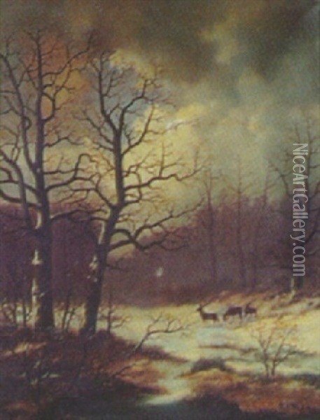 Winter Landscape With Deer Oil Painting - Julius Hahn