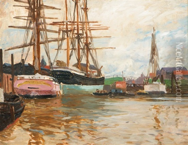 Tall Ships In The Port Of Glucksburg Oil Painting - Carl Becker
