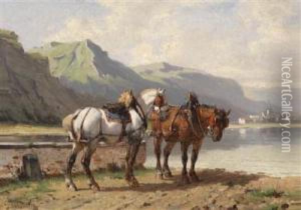 Horsesby The Lake Shore Oil Painting - Paul Van Der Vin