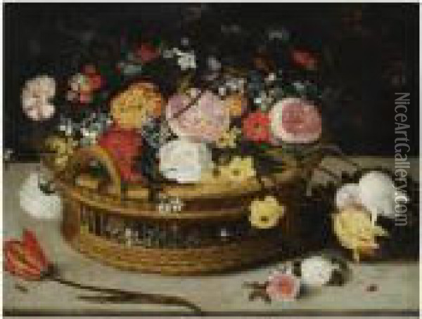 Still Life Of Roses, Tulips, 
Chrysanthemums, Anemones And Otherflowers, All In A Basket On Stone 
Ledge, Together With A Lady-birdand A Tiny Beetle Oil Painting - Jan The Elder Brueghel