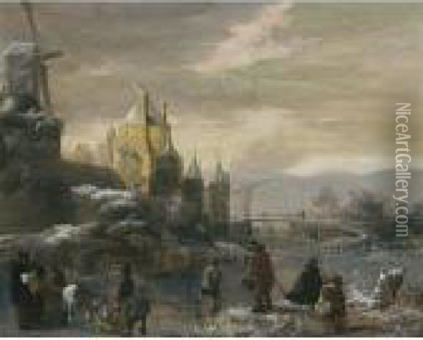 A Winter Landscape With Skaters,
 Two Horsedrawn Sledges And Other Figures Before The Walls Of A City Oil Painting - Claes Molenaar (see Molenaer)