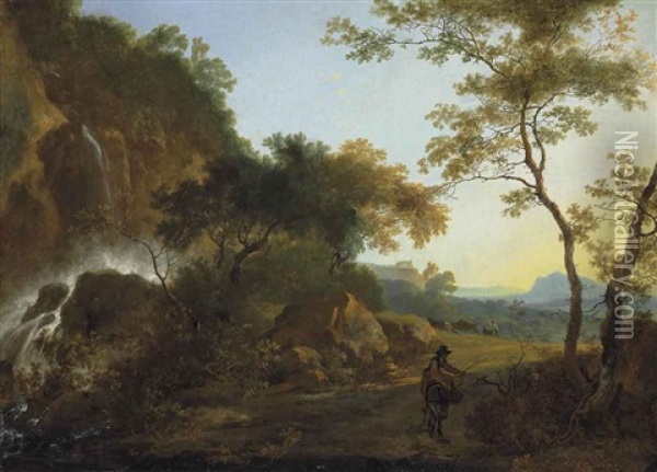 An Italianate Landscape With A Traveler On A Path By A Waterfall Oil Painting - Adam Pynacker