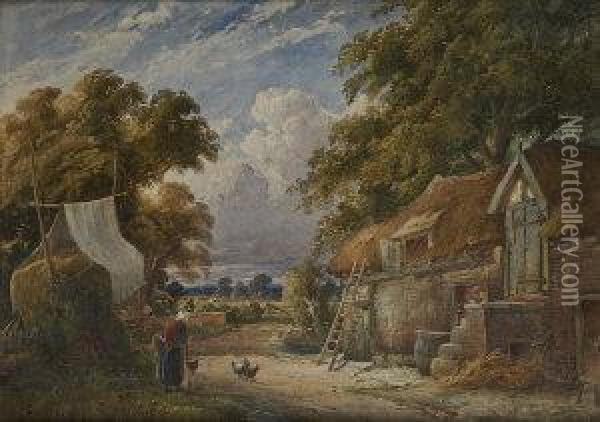 Figure And Cottage In A Rural Landscape Oil Painting - Joshua Renshaw