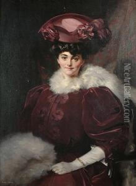 Portrait Of A Lady Seated, Wearing A Purple Dress And White Furs Oil Painting - George Murray