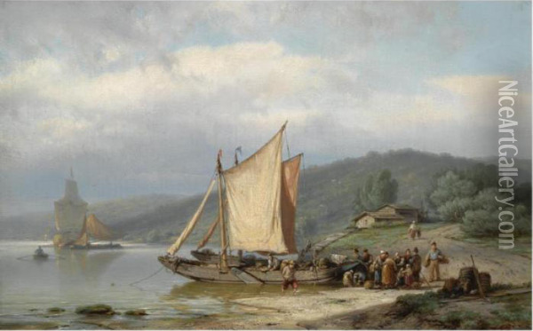 Unloading The Barge Oil Painting - Johannes Hermann Barend Koekkoek