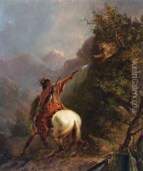 Indian Shooting a Cougar Oil Painting - Alfred Jacob Miller