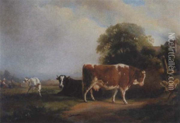 Auf Der Weide - Hirtin Mit Ihrem Kind, Kuhen, Ziege Und Hund Oil Painting - Jacques Raymond Brascassat