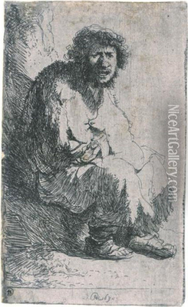 Beggar Seated On A Bank (b., Holl. 174; H. 11; Bb. 30-b) Oil Painting - Rembrandt Van Rijn