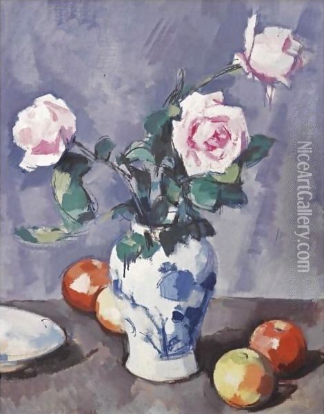 Still Life With Pink Roses Oil Painting - Samuel John Peploe