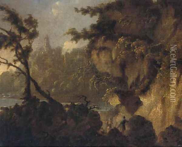 A mountainous landscape with two soldiers Oil Painting - French School