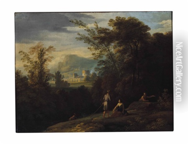 A Landscape With Shepherds, A Town Beyond Oil Painting - Jan Frans van Bloemen