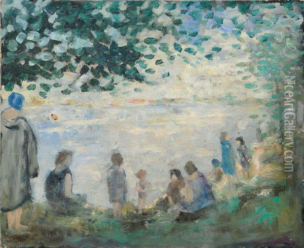 Femmes Et Enfant Au Bord De L'etang Oil Painting - Louis Hayet