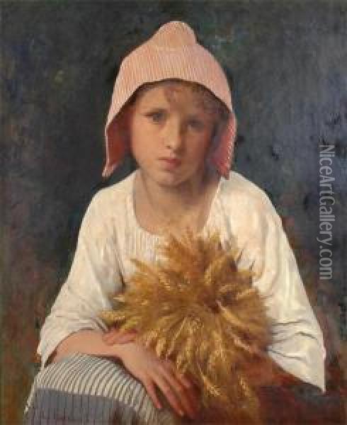 Portrait Of A Pretty Young Girl, Carrying A Sheaf Of Corn Oil Painting - Leon-Jean-Basile Perrault