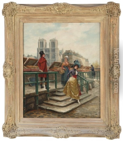 Paris Bookstalls Near Notre Dame Oil Painting - Georges Jules Auguste Cain
