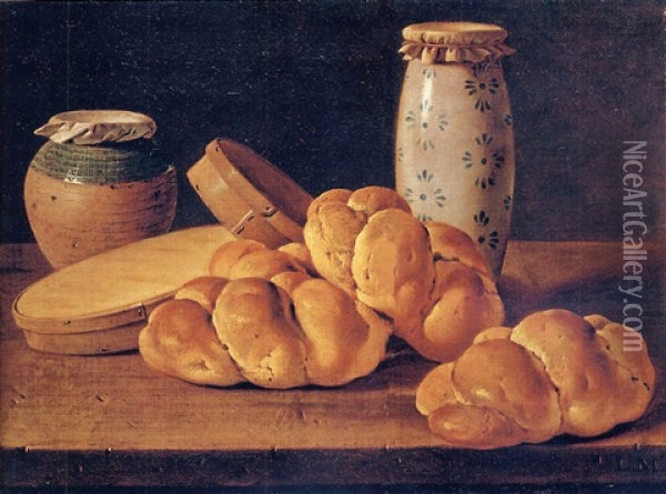 Bodegon With Bread, Two Sweet Boxes, A Green-glazed Biar Honey Pot And A Manises Ceramic Jar Oil Painting - Luis Melendez