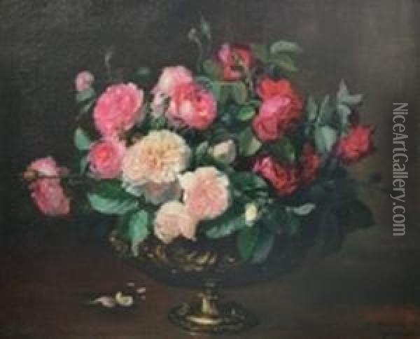 Coupe De Roses Sur Un Entablement Oil Painting - Dominique Rozier