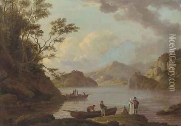A view of Loch Lomond with figures and boats in the foreground Oil Painting - Alexander Nasmyth