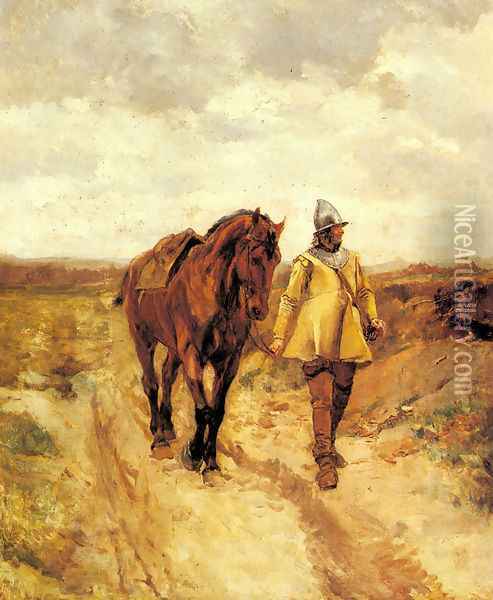 Un Homme d'armes et son cheval (A Man of Arms and His Horse) Oil Painting - Jean-Louis-Ernest Meissonier