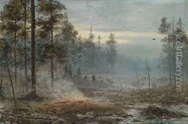 Winter- Feuerstelle Am Waldrand Oil Painting - Vladimir Leodinovitch (Comte de) Muravioff
