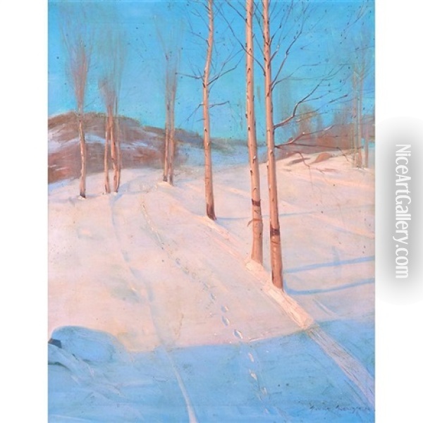 Moonlit Snow Scene Oil Painting - Svend Rasmussen Svendsen