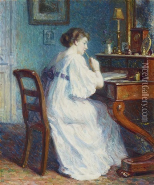 Lady At The Desk Oil Painting - Francois Henri Morisset