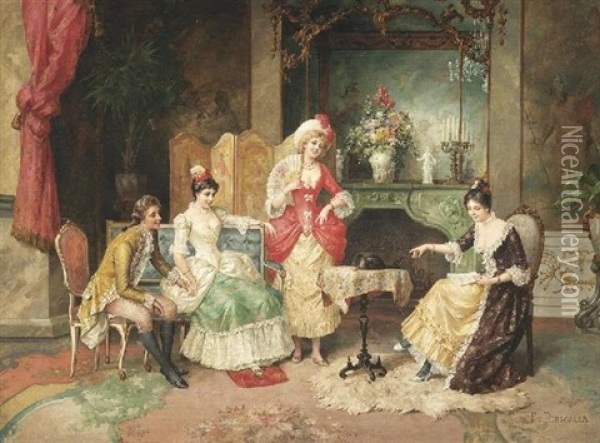 Die Musikstunde. Junge Damen Am Hofe Im Salon Oil Painting - Franz Von Persoglia