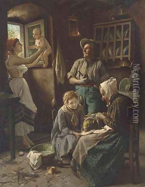 La famiglia felice Oil Painting - Pompeo Massani