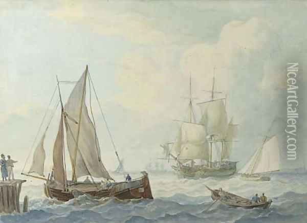 Threemasters and other sailing vessels in a light breeze, a landing stage in the foreground, a village beyond Oil Painting - Johannes Hermanus Koekkoek