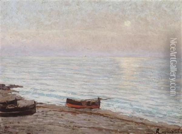 Sunset Over A Maritime Landscape Oil Painting - Enrico Reycend