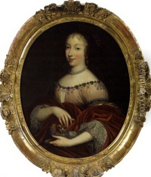 Portrait De Henriette-anne D'angleterre, Duchesse D'orleans Avec Un Petit Chien (?) Oil Painting - Jean Nocret