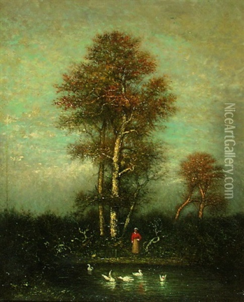 Teichlandschaft Mit Enten Futternde Frau Oil Painting - Louis-Emile Lapierre