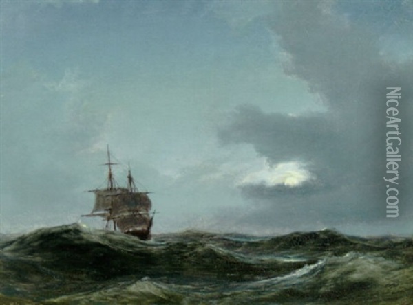 Sejlskib I Maneskin Pa Havet Oil Painting - Daniel Hermann Anton Melbye