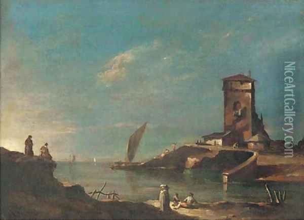 A capriccio with a tower, figures in the foreground Oil Painting - Francesco Guardi