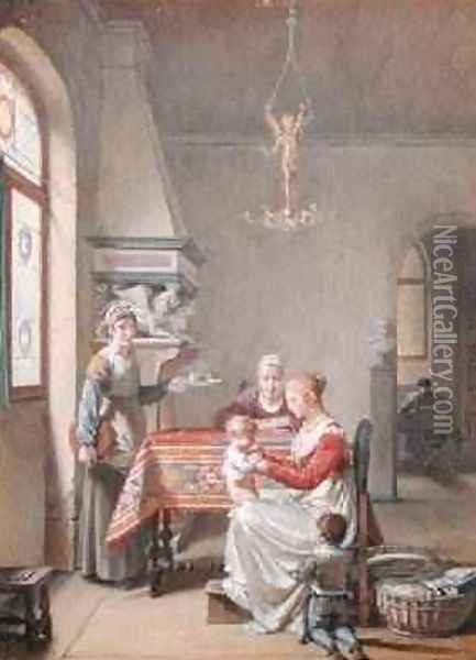 Mother with her Children in an Interior 1830 Oil Painting - Jean-Baptiste Mallet