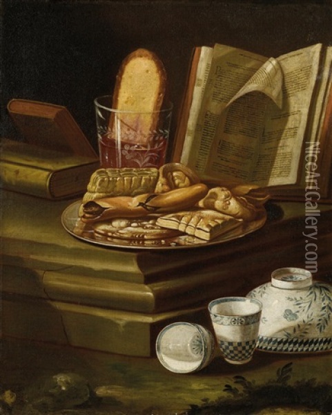 Still Life With Pastries, An Open Book And Porcelain Oil Painting - Cristoforo Munari