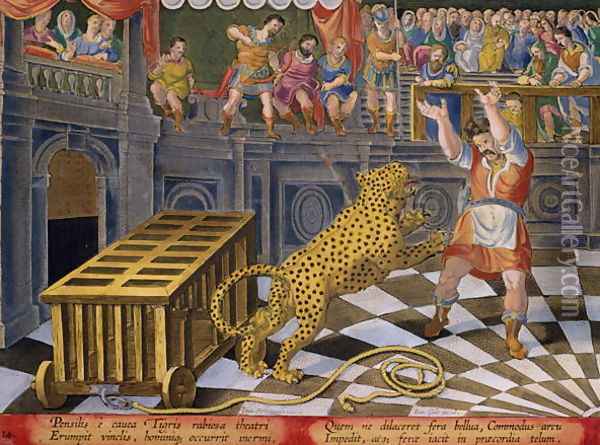 The Roman Emperor Commodus Fires an Arrow to Subdue a Leopard which has Escaped from its Cage in the Arena, plate 14 from Venationes Ferarum, Avium, Piscium Of Hunting Wild Beasts, Birds, Fish engraved by Jan Collaert 1566-1628 published by Phillip Oil Painting - Giovanni Stradano